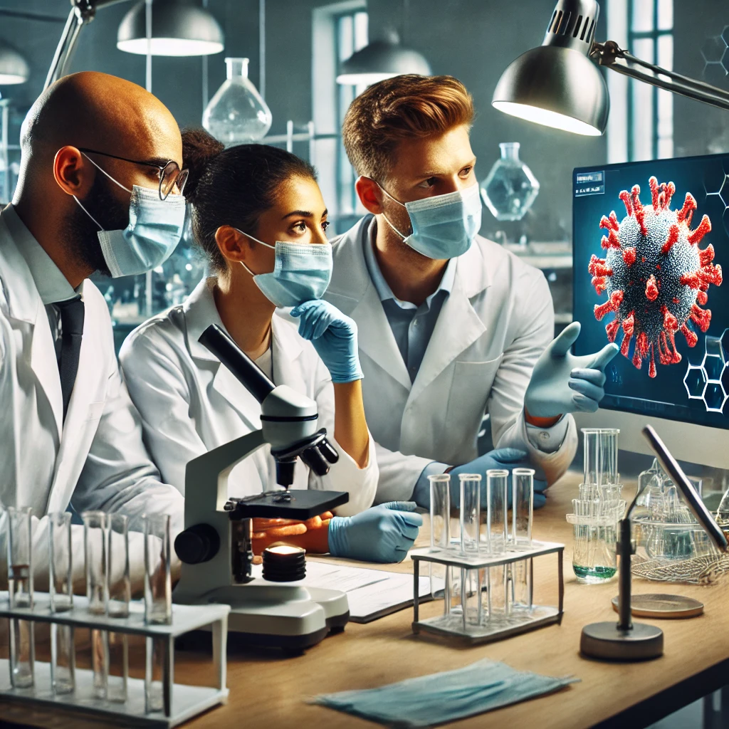 DALL·E 2025-01-15 16.14.47 – A group of three scientists, wearing lab coats, protective masks, but no glasses, gathered around a table, discussing and analyzing a virus under a mi